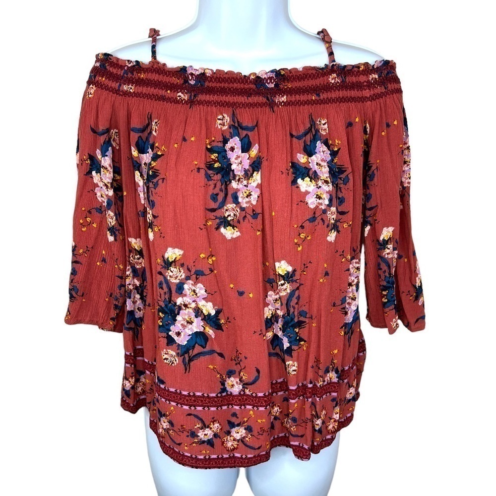 Mauve Floral Stretch Peasant Top Off Shoulder Lightweight Boho Small